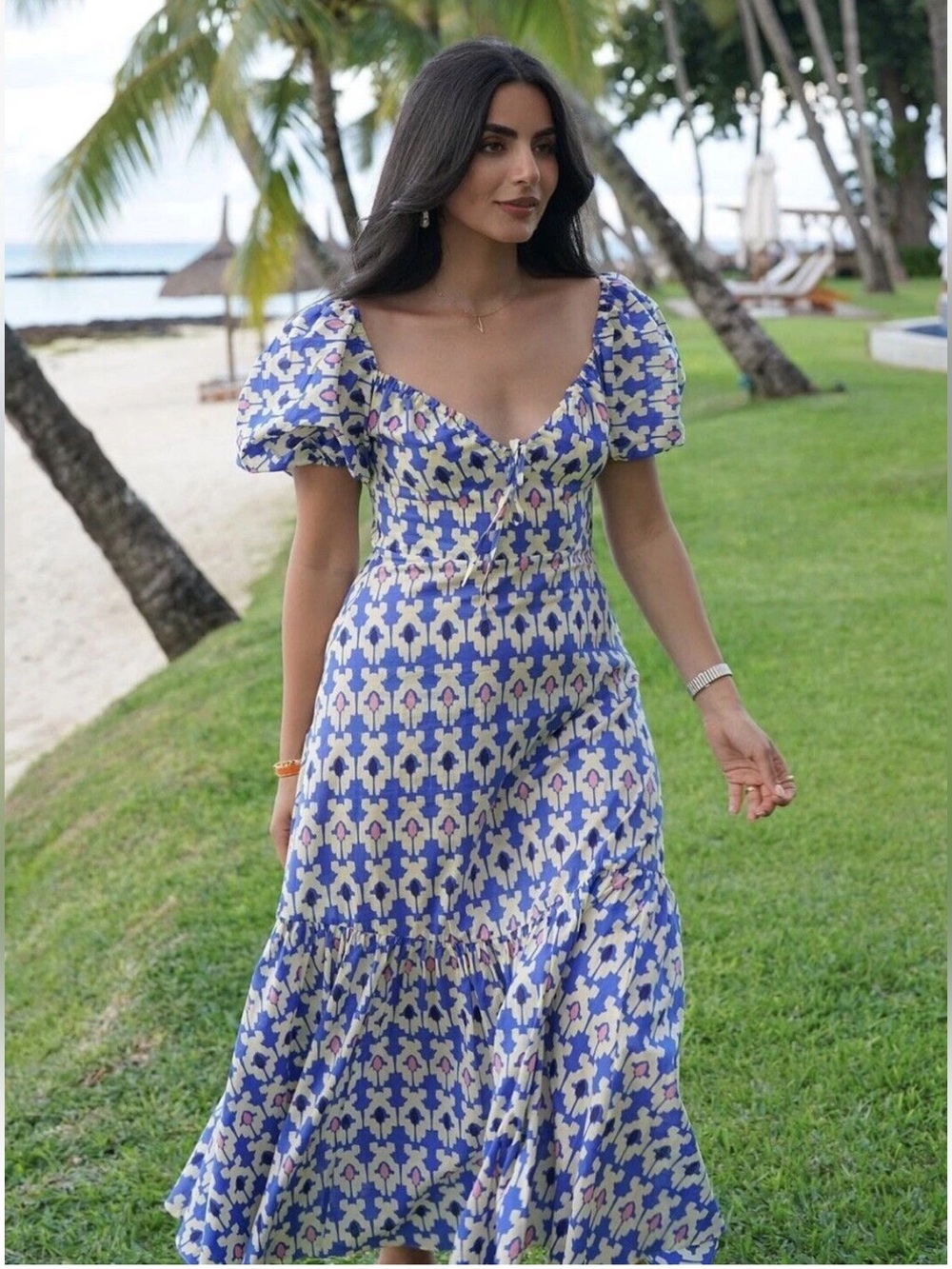 Zara Dress Womens XS Blue Geometric Puff Sleeve Midi Cotton